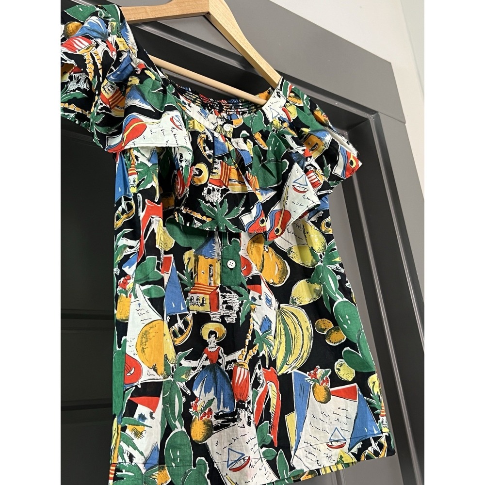 J. Crew Postcard Top Size 4 Colorful Tropical Ruffle Blouse Vacation Boho G5681 - Picture 5 of 12